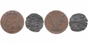 1780 y ca 1250. Lote de dos monedas: Duit de las Indias holandesas y medio dinero de Mesina. MBC-. Est.10.