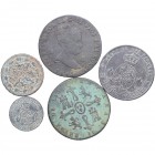 1788, 1843, 1844, 1846 y 1867. Isabel II (1833-1868). Jubia (2), Sevilla y Segovia (2). Lote de 5 monedas; 1/2, 2,50 céntimos de Escudo y 8 Maravedíes...