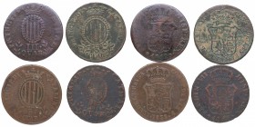 1812, 1813, 1838 y 1846. España. FERNANDO VII e ISABEL II . Barcelona.  Lote de 4 monedas de 3 Quartos. Cal-1522, 1523, 705, 712. Cu-Ni. BC- a BC+. Es...