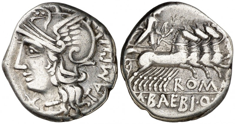 (hacia 137 a.C.). Gens Baebia. Denario. (Bab. 12) (Craw. 236/1c). 3,82 g. MBC.