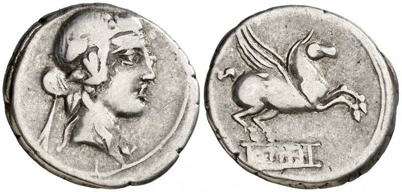 (hacia 90 a.C.). Gens Titia. Denario. (Bab. 2) (Craw. 341/2). 3,88 g. MBC-.