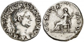 (70 d.C.). Vespasiano. Denario. (Spink 2285) (S. 94h) (RIC. 29). 3,33 g. MBC.