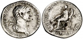 (116 d.C.). Trajano. Denario. (Spink 3139 var) (S. 150a) (RIC. 315). 3,56 g. MBC.