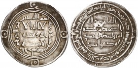 AH 114. Emires dependientes de Damasco. Al Andalus. Dirhem. (V. 28) (Fro. 1). 2,66 g. Bismillah casi cuadrada. Muy rara. MBC+.