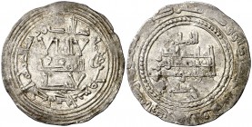 AH 334. Califato. Abderrahman III. Al Andalus. Dirhem. (V. 408) (Fro. 20). 2,43 g. Hojita en reverso. MBC+.