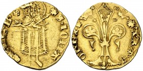 Pere III (1336-1387). Barcelona. Florí. (Cru.V.S. 389) (Cru.C.G. 2210). 3,41 g. Marca: rosa de puntos. Exceso de oro. MBC-.