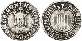 Ferran II (1479-1516). Zaragoza. Medio real. (Cru.V.S. 1305) (Cru.C.G. 3205). 1,73 g. Escudo pequeño. Golpecito. MBC-.