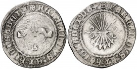 Reyes Católicos. Burgos. 1/2 real. (AC. 192). 1,49 g. Nombre de los reyes en anverso y reverso. Muy rara. BC+/MBC-.