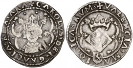 s/d. Carlos I. Valencia. 2 rals. (AC. 90) (Cru.C.G. 4150 var). 5,01 g. Letras A son V invertidas. Acuñación floja. Escasa. (MBC-).