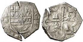 1595. Felipe II. Segovia. I. 4 reales. (AC. 548). 13,78 g. Dos barras delgadas en las armas de Borgoña. Grietas. Ex Colección Isabel de Trastámara 26/...