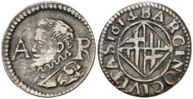 1614. Felipe III. Barcelona. 1 ardit. (AC. 25) (Cru.C.G. 4345b). 1,42 g. Escasa. MBC/MBC+.