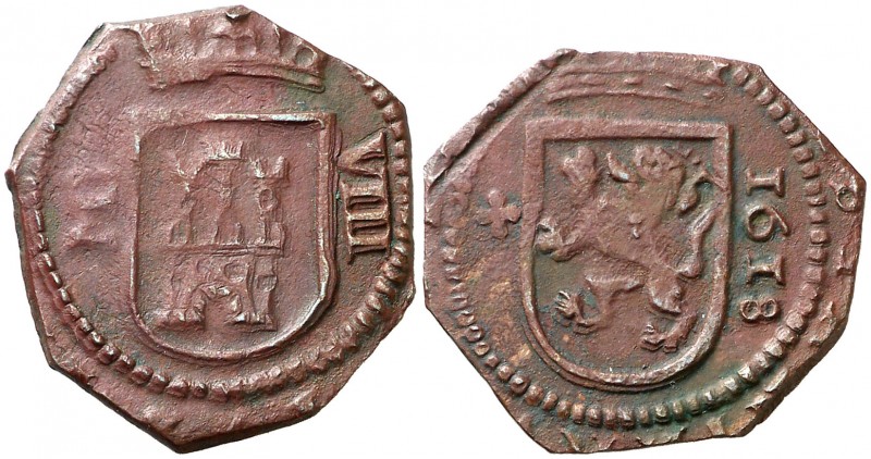 1618. Felipe III. MD (Madrid). 8 maravedís. (AC. 305). 4 g. Ceca vertical. MBC/M...