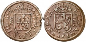 1619. Felipe III. Segovia. 8 maravedís. (AC. 339). 5,86 g. Defecto en canto. MBC+.