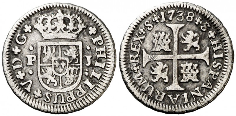 1738. Felipe V. Sevilla. PJ. 1/2 real. (AC. 345). 1,35 g. Rayitas. MBC-.