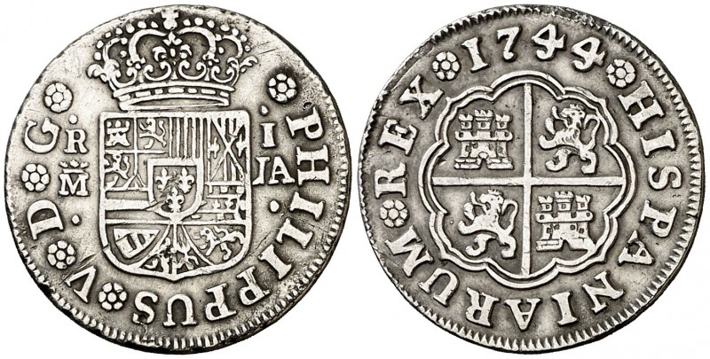 1744. Felipe V. Madrid. JA. 1 real. (AC. 461). 2,63 g. Hojita y rayita. Ex Áureo...