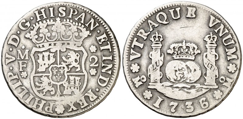 1736/5. Felipe V. México. MF. 2 reales. (AC. 814). 6,39 g. Columnario. BC+.