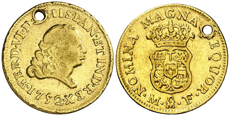 1752. Fernando VI. México. MF. 1 escudo. (AC. 612). 3,32 g. Segundo busto. Prime...