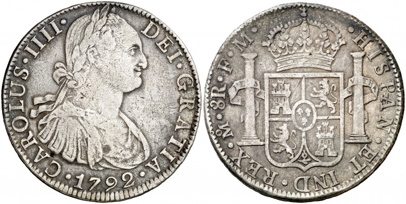 1792. Carlos IV. México. FM. 8 reales. (AC. 954). 26,70 g. BC+/MBC-.