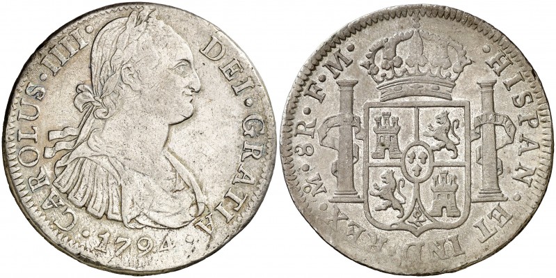 1794. Carlos IV. México. FM. 8 reales. (AC. 956). 26,82 g. MBC-/MBC.