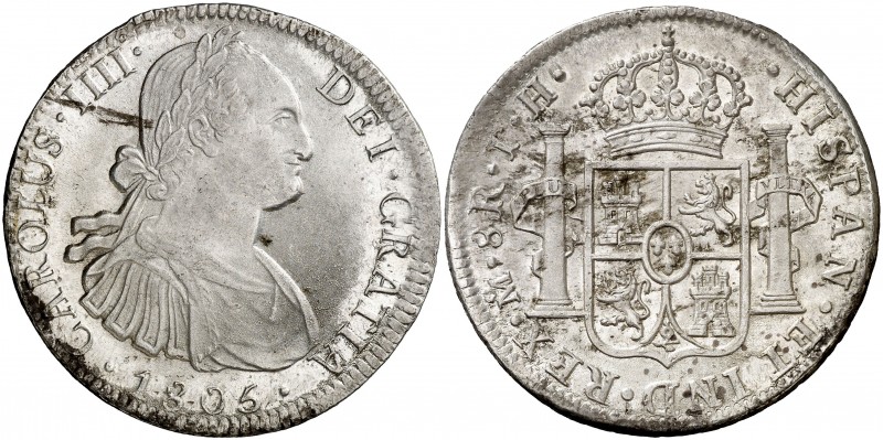 1805. Carlos IV. México. TH. 8 reales. (AC. 983). 26,89 g. Impurezas. Parte de b...