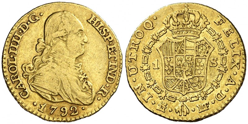 1792. Carlos IV. Madrid. MF. 1 escudo. (AC. 1109). 3,34 g. MBC-/MBC.