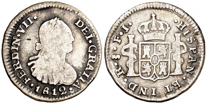 1812. Fernando VII. Santiago. FJ. 1/2 real. (AC. 456). 1,53 g. El reverso incuso...