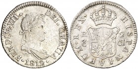 1812. Fernando VII. Cádiz. CI. 2 reales. (AC. 727). 5,87 g. Ex Áureo & Calicó 11/12/2018, nº 3081. Escasa. MBC+/MBC.