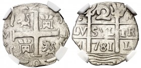 781 (sic). Fernando VII. Caracas. 2 reales. (AC. 752). En cápsula de la NGC como AU DETAILS. Limpiada. Rara. MBC+.