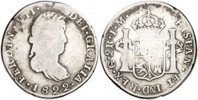 1822. Fernando VII. Guanajuato. JM. 2 reales. (AC. 786). 6,41 g. Escasa. BC.