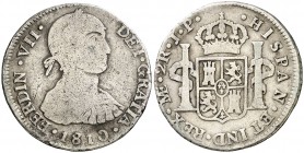 1810. Fernando VII. Lima. JP. 2 reales. (AC. 809). 6,38 g. Busto indígena. Leves rayitas. Escasa. BC+.