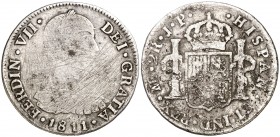 1811. Fernando VII. Lima. JP. 2 reales. (AC. 810). 6 g. Busto indígena. Rayitas. Rara. (BC-/BC).