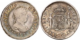 1812. Fernando VII. Santiago. FJ. 2 reales. (AC. 942). 6,47 g. Escasa. BC+/MBC-.