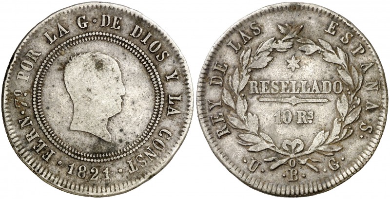 1821. Fernando VII. Bilbao. UG. 10 reales. (AC. 1023). 13 g. Tipo "cabezón". Man...