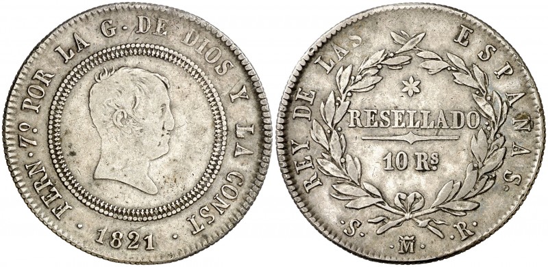 1821. Fernando VII. Madrid. SR. 10 reales. (AC. 1088). 13,38 g. Tipo "cabezón". ...