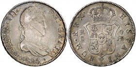 1825. Fernando VII. Sevilla. JB. 4 reales. (AC. 957). 13,51 g. Rayitas. Bonita pátina. Rara. MBC-/MBC.