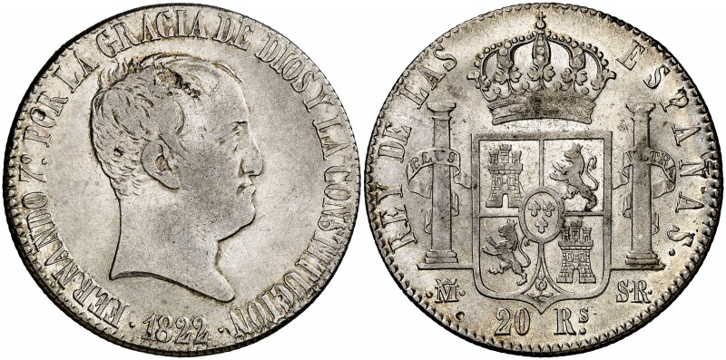 1822. Fernando VII. Madrid. SR. 20 reales. (AC. 1282). 26,74 g. Tipo"cabezón". H...