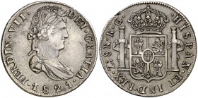 1821. Fernando VII. Zacatecas. RG. 8 reales. (AC. 1465). 26,91 g. Golpe en canto. MBC/MBC-.