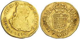 1814. Fernando VII. Popayán. JF. 1 escudo. (AC. 1530) (Restrepo 123-13). 3,36 g. Rayitas. Algo alabeada. Escasa. BC+/MBC.