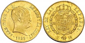 1822. Fernando VII. Madrid. SR. 80 reales. (AC. 1641). 6,82 g. Tipo "cabezón". Mínima hojita en reverso. Bella. Brillo original. Escasa así. EBC-/EBC....