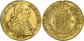 1813. Fernando VII. Santa Fe de Nuevo Reino. JF. 8 escudos. (AC. 1845) (Cal.Onza 1323) (Restrepo 127-15). 27,03 g. Exceso de oro en reverso. Leve grie...
