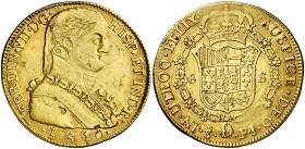 1810. Fernando VII. Santiago. FJ. 8 escudos. (AC. 1863) (Cal.Onza 1346). 27 g. Busto almirante. Hojitas. Precioso color. Muy escasa. MBC/MBC+.