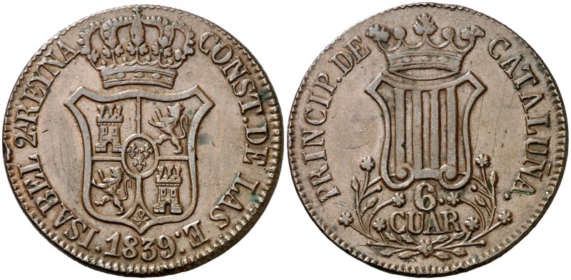 1839. Isabel II. Barcelona. 6 cuartos. (AC. 20). 13,59 g. Rayitas. (MBC+).