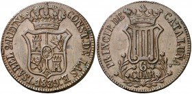 1839. Isabel II. Barcelona. 6 cuartos. (AC. 20). 13,59 g. Rayitas. (MBC+).