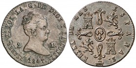 1847. Isabel II. Segovia. 2 maravedís. (AC. 59). 2,26 g. MBC+/EBC-.