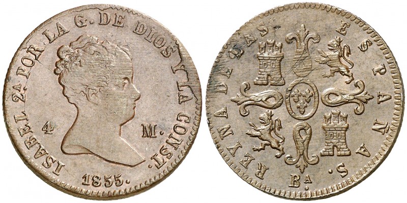 1855. Isabel II. Barcelona. 4 maravedís. (AC. 65). 5,95 g. Acuñada sobre un tres...