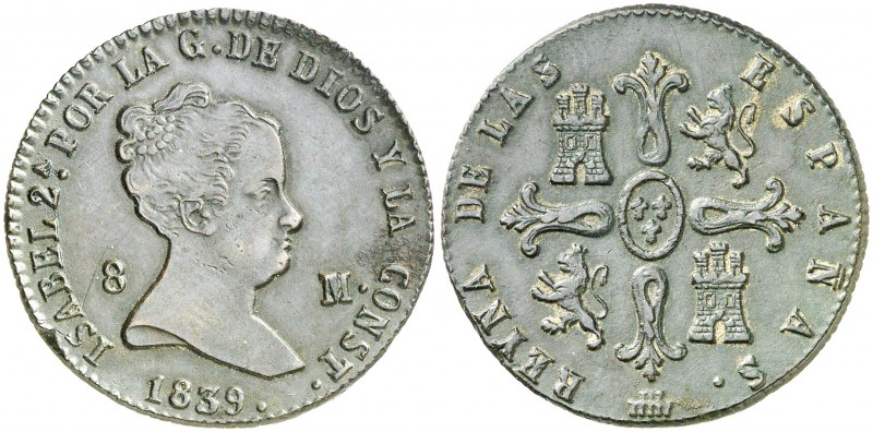 1839. Isabel II. Segovia. 8 maravedís. (AC. 125). 9,97 g. Hojita. Muy escasa. MB...