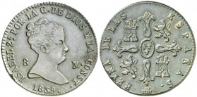 1839. Isabel II. Segovia. 8 maravedís. (AC. 125). 9,97 g. Hojita. Muy escasa. MBC+/EBC-.