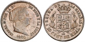 1860. Isabel II. Segovia. 10 céntimos de real. (AC. 176). 3,96 g. Bella. EBC+.