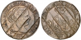 1868. Isabel II. Jubia. OM. 2 1/2 céntimos de escudo. (AC. 237). 6,11 g. Desmonetizada. (MBC).