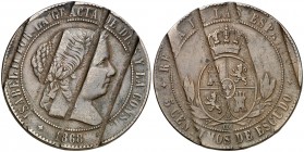 1868. Isabel II. Jubia. OM. 5 céntimos de escudo. (AC. 249). 12,28 g. Desmonetizada. (MBC).